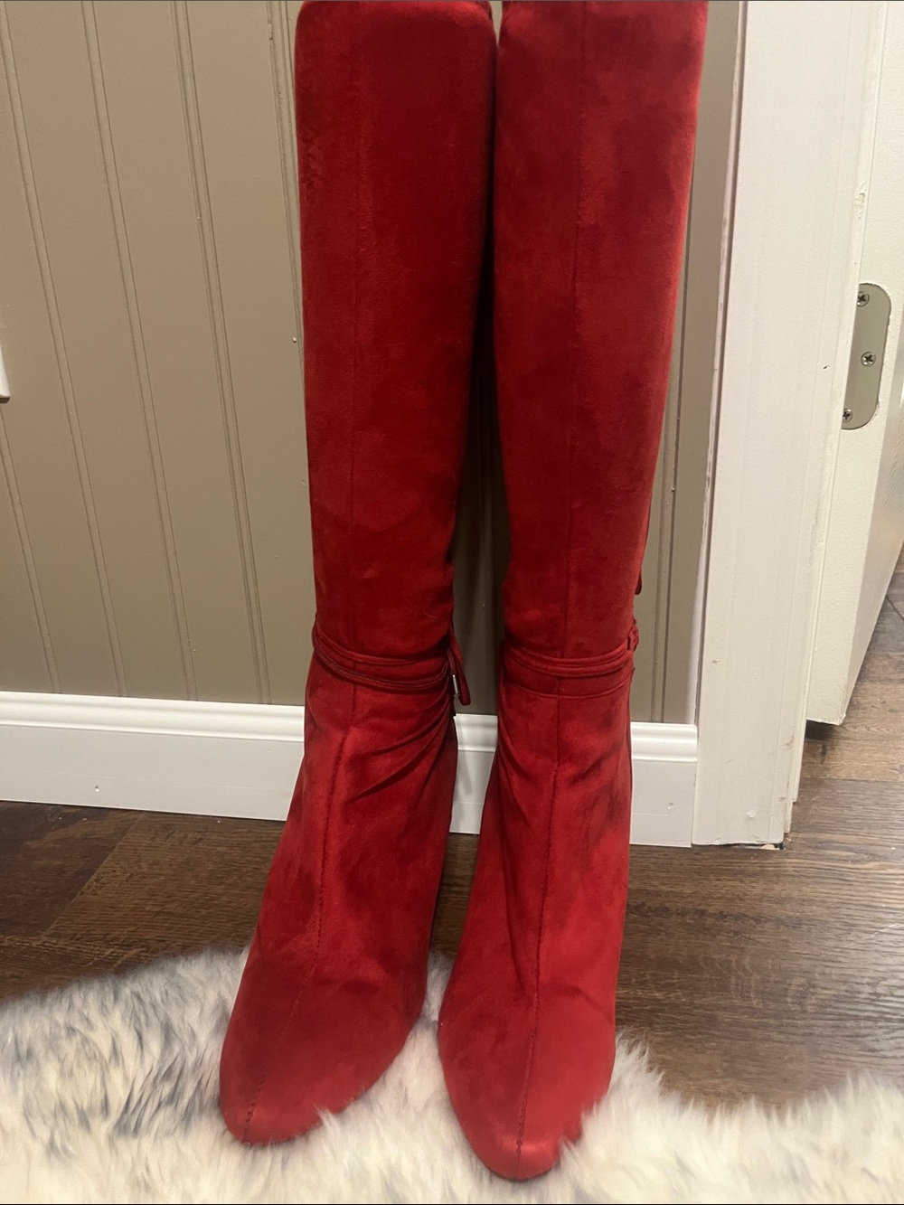 SEXY Red Suede Knee-High Pointed-Toe Boots